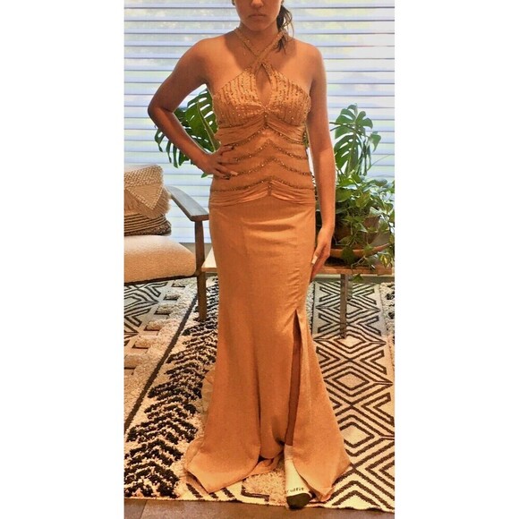 LANDA Gold Beaded Evening Long Prom Wedding Formal Halter Dress 10 (fits like 6) - Picture 2 of 5